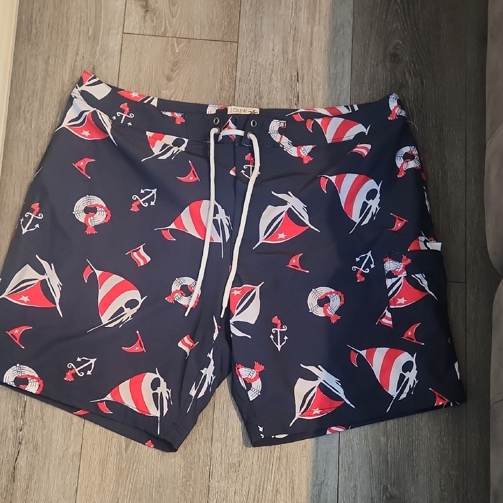 J. Crew Men's Swim Shorts - Navy with Red and White Accents